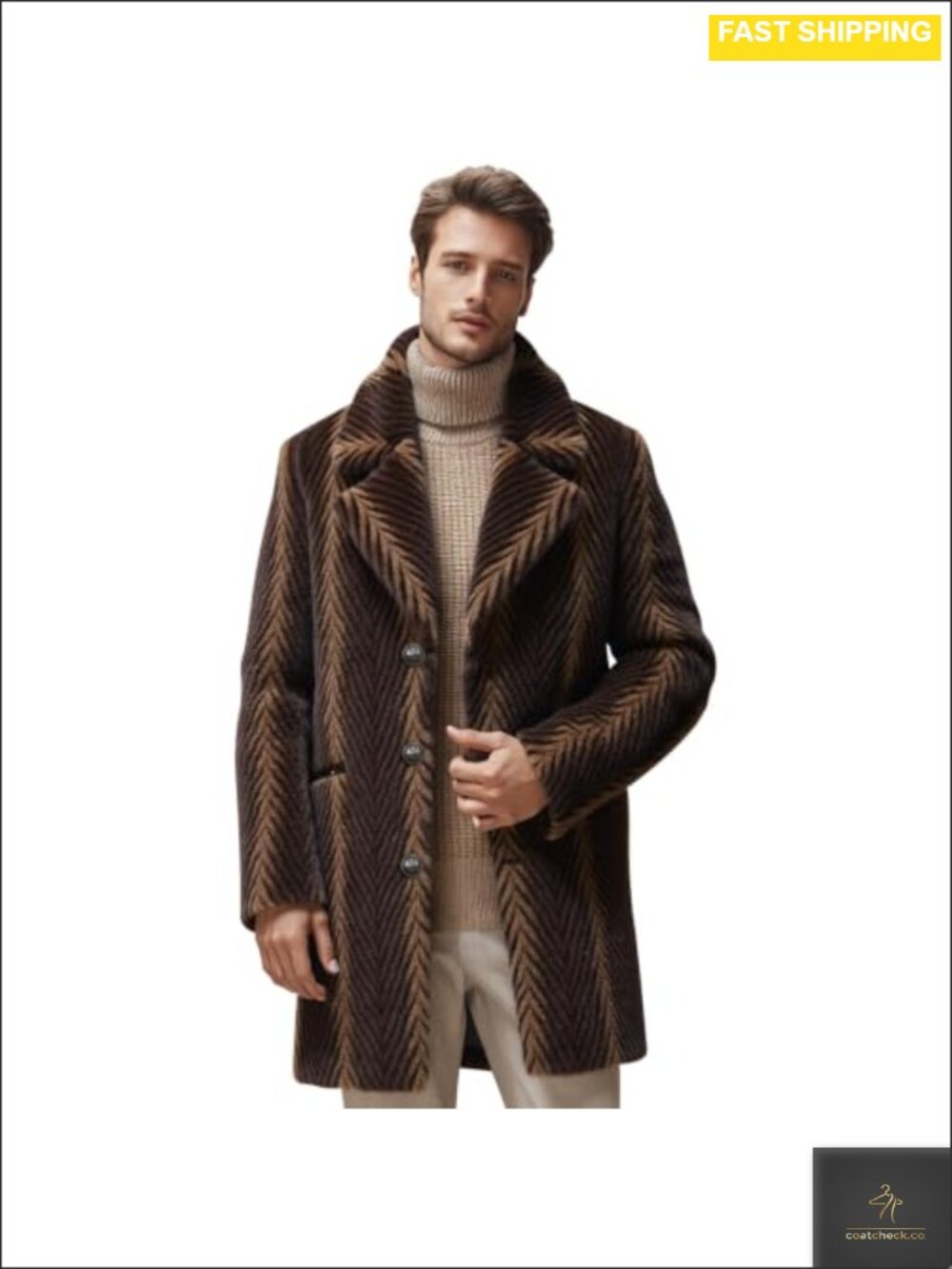 Men's Faux Fur Mid-Length Trench Coat Reversible Button Zip Pockets